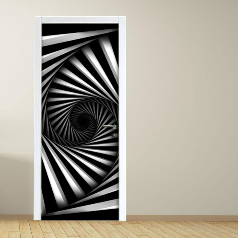 Adesivo per porta: 3D astratto con scala a vortice o chiocciola bianco e nero