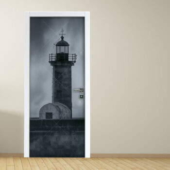 Adesivo per porta faro con mare in tempesta in bianco e nero