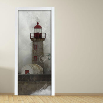 Adesivo per porta: Faro con mare in tempesta
